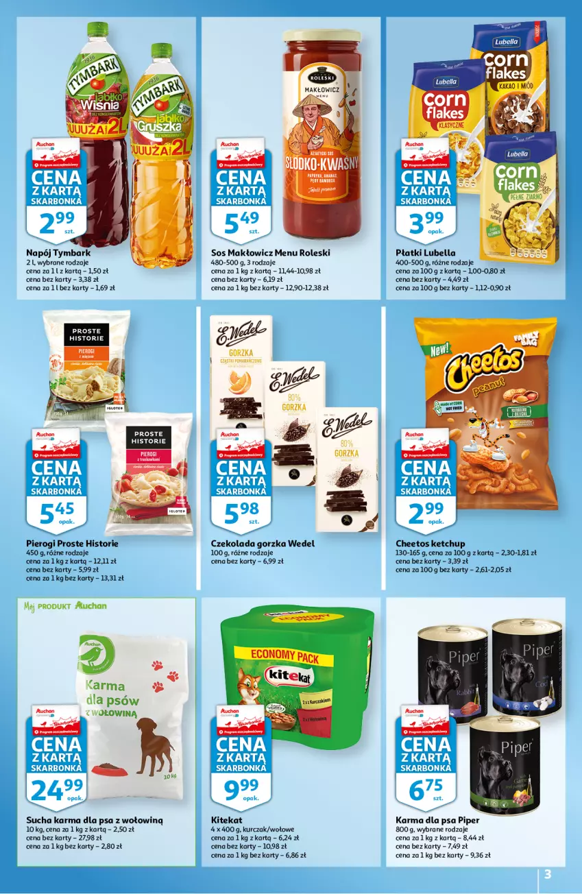 Gazetka promocyjna Auchan - Skarbonka #9 - ważna 03.03 do 09.03.2022 - strona 3 - produkty: Bell, Bella, Cheetos, Czekolada, Czekolada gorzka, Ketchup, KiteKat, Kurczak, Lubella, Napój, Pierogi, Sos, Sucha karma, Tymbark