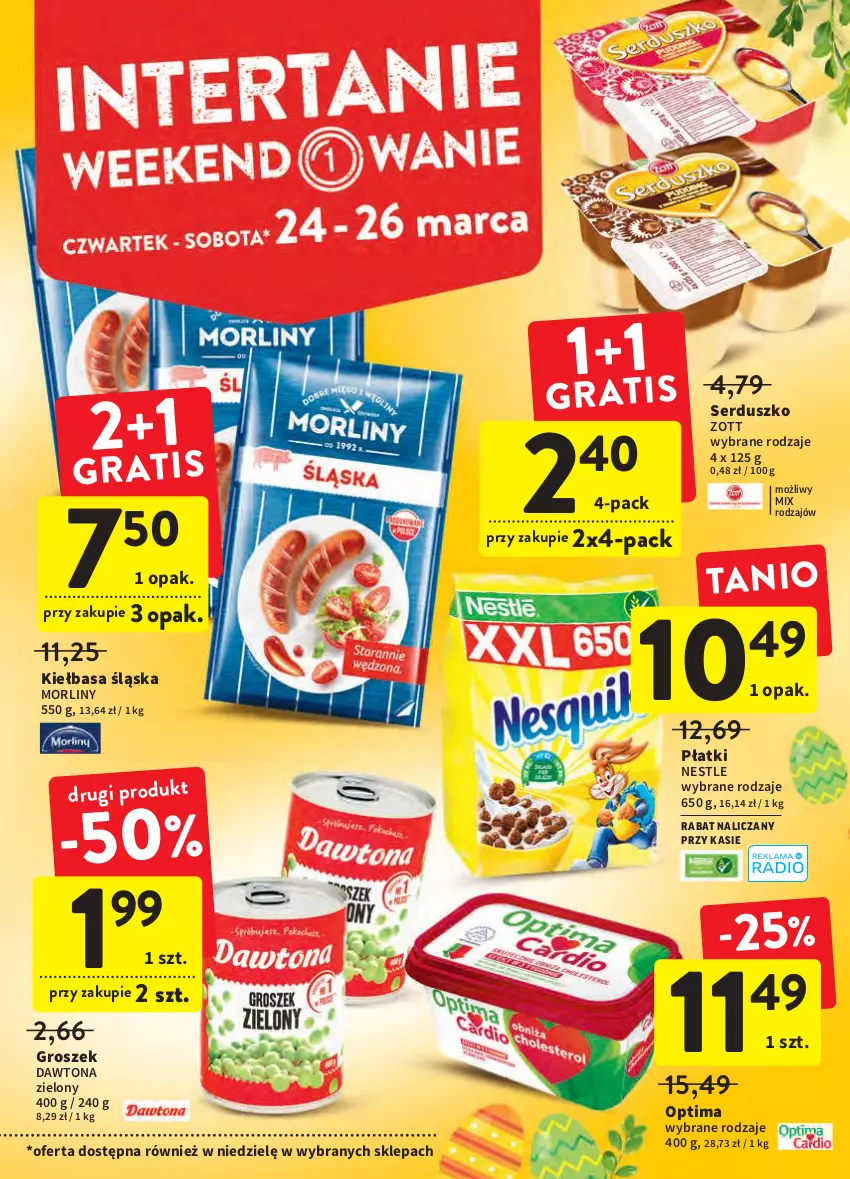 Gazetka promocyjna Intermarche - Wielkanoc - ważna 24.03 do 16.04.2022 - strona 10 - produkty: Dawtona, Groszek, Kiełbasa, Kiełbasa śląska, Morliny, Optima, Ser, Zott