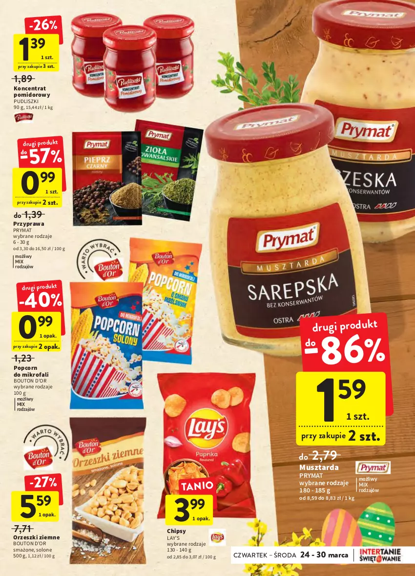 Gazetka promocyjna Intermarche - Wielkanoc - ważna 24.03 do 16.04.2022 - strona 35 - produkty: Chipsy, Fa, Koncentrat pomidorowy, Lay’s, Mus, Musztarda, Orzeszki, Orzeszki ziemne, Popcorn, Prymat, Pudliszki