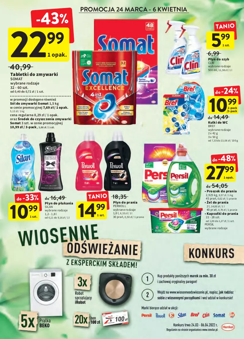 Gazetka promocyjna Intermarche - Wielkanoc - ważna 24.03 do 16.04.2022 - strona 40 - produkty: Bref, Clin, Kapsułki do prania, Kulki do wc, Persil, Perwoll, Płyn do płukania, Płyn do prania, Płyn do szyb, Proszek do prania, Silan, Sól, Somat, Tablet, Tabletki do zmywarki, Zmywarki