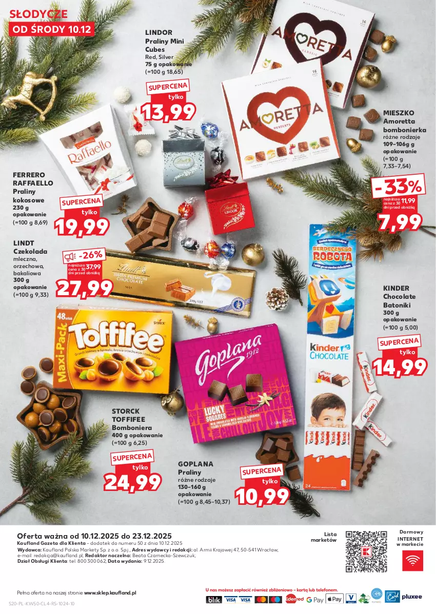 Gazetka promocyjna Kaufland - Kaufland - ważna 10.12 do 23.12.2025 - strona 20 - produkty: Baton, Bomboniera, Czekolada, Czekolada mleczna, Dres, Fa, Ferrero, Goplana, Kinder, Kokos, LANA, Lindor, Lindt, Praliny, Raffaello, Toffifee, Tonik