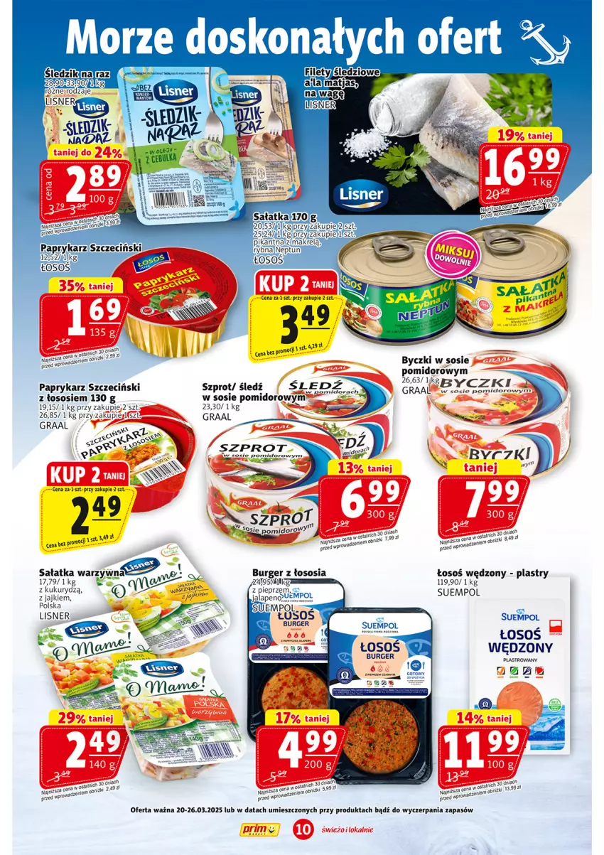 Gazetka promocyjna Prim Market - ważna 20.03 do 26.03.2025 - strona 10 - produkty: Burger, Gra, Graal, Lisner, Papryka, Paprykarz, Paprykarz szczeciński, Sałat, Sałatka, Sos, Suempol, Szprot