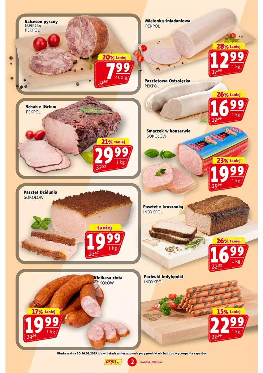 Gazetka promocyjna Prim Market - ważna 20.03 do 26.03.2025 - strona 2 - produkty: Danio, Parówki, Pasztet, Pekpol, Salceson, Ser, Sok, Sokołów