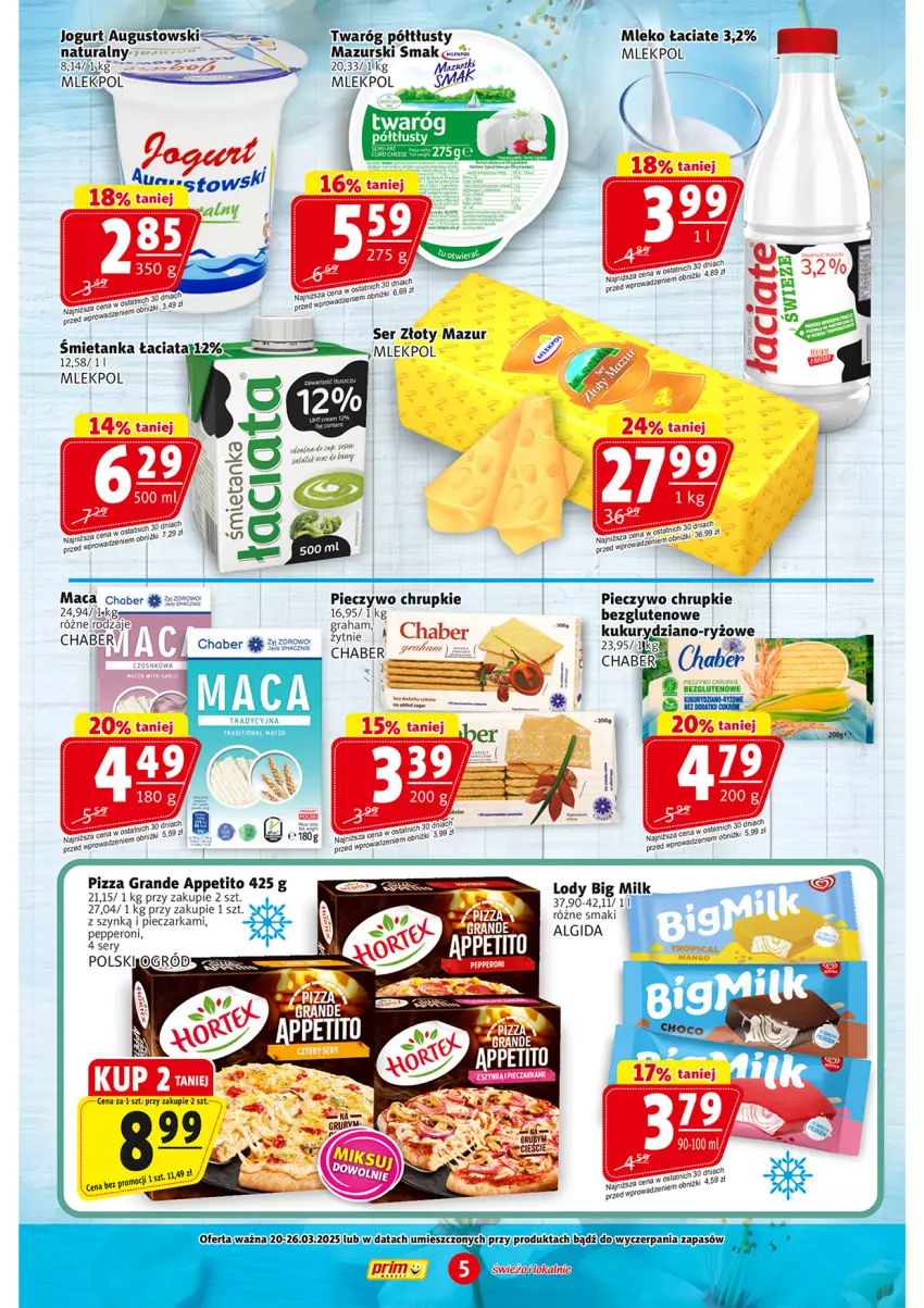 Gazetka promocyjna Prim Market - ważna 20.03 do 26.03.2025 - strona 5 - produkty: Algida, Chrupki, Gra, Jogurt, LG, Mleko, Ogród, Piec, Pieczarka, Pieczywo, Pieczywo chrupkie, Pizza, Ser, Twaróg, Twaróg półtłusty, Złoty Mazur