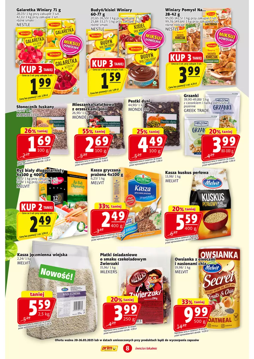 Gazetka promocyjna Prim Market - ważna 20.03 do 26.03.2025 - strona 8 - produkty: Budyń, Chia, Danio, Gala, Galaretka, Gry, Kasza, Kasza gryczana, Kasza jęczmienna, Kisiel, Kurczak, Kuskus, Melvit, Pestki dyni, Ryż, Sałat, Winiary