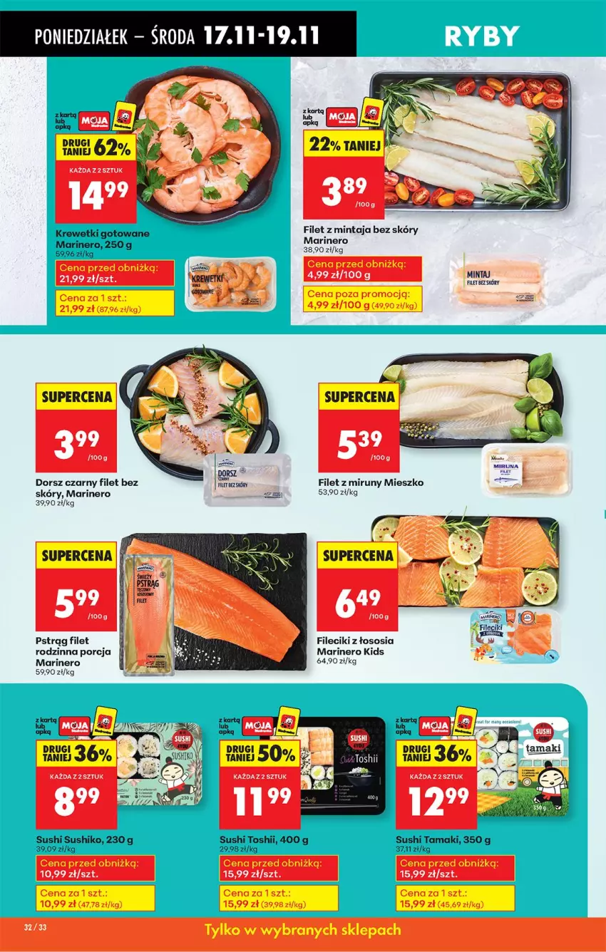 Gazetka promocyjna Biedronka - Od Poniedziałku - ważna 17.11 do 22.11.2025 - strona 38 - produkty: Dorsz, Krewetki, Mintaj, Miruna, Por, Pstrąg, Sos, Sushi