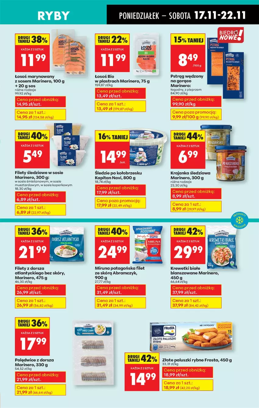 Gazetka promocyjna Biedronka - Od Poniedziałku - ważna 17.11 do 22.11.2025 - strona 39 - produkty: Dorsz, Frosta, Krajanka śledziowa, Krewetki, Miruna, Mus, Paluszki rybne, Pieprz, Pstrąg, Pstrąg wędzony, Sos, Tago