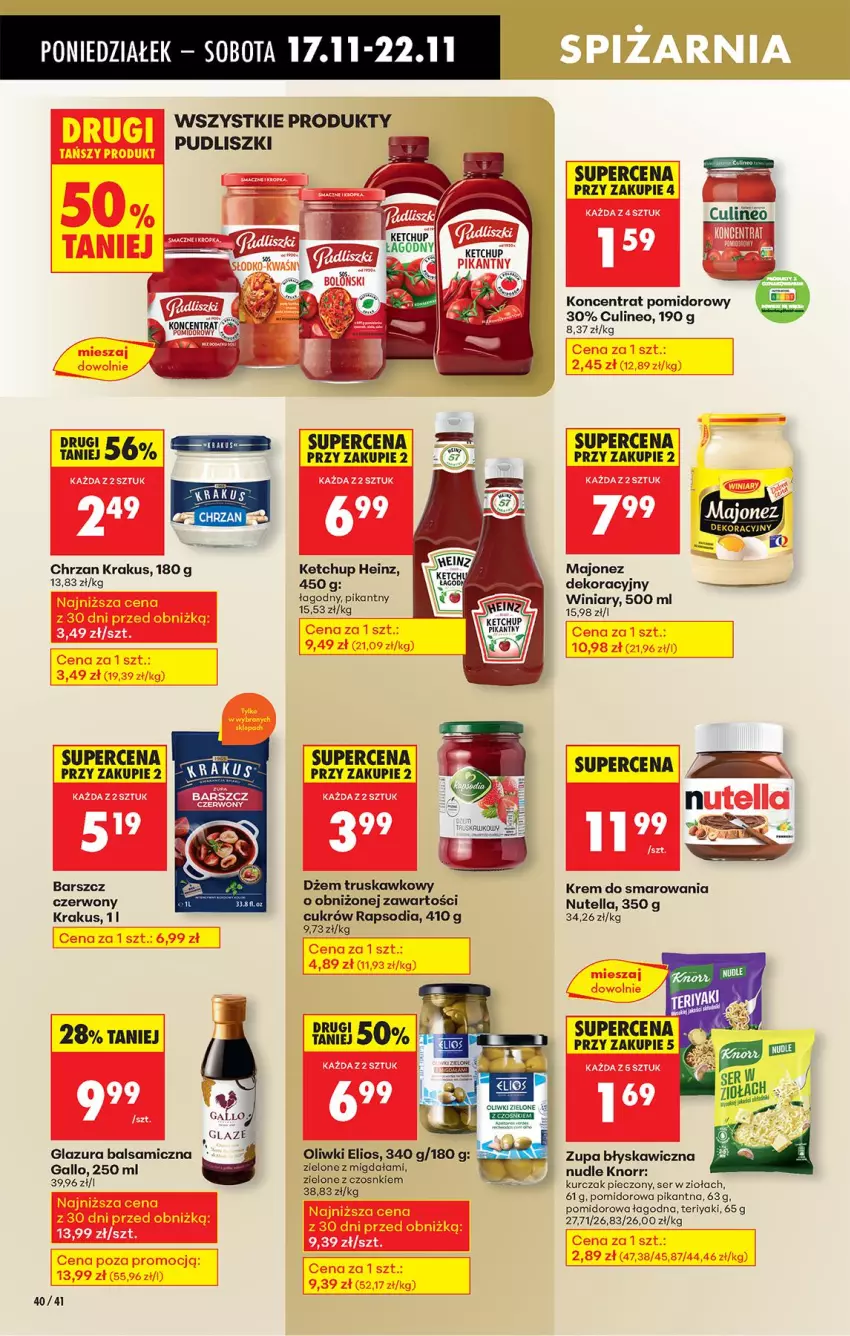 Gazetka promocyjna Biedronka - Od Poniedziałku - ważna 17.11 do 22.11.2025 - strona 52 - produkty: Chrzan, Glazura, Heinz, Ketchup, Knorr, Koncentrat pomidorowy, Krakus, Kurczak, Lazur, Majonez, Nutella, Oliwki, Piec, Pudliszki, Ser, Winiary, Zupa