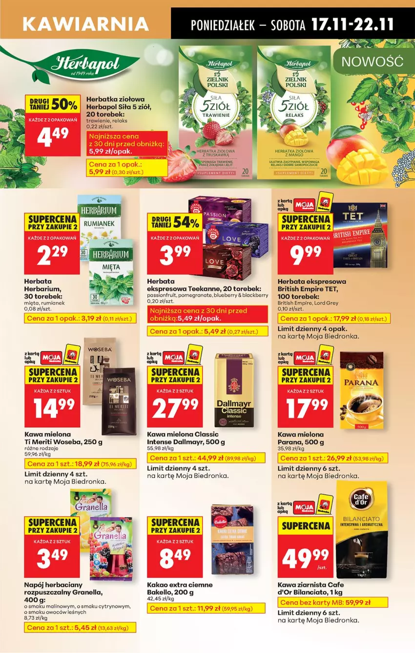 Gazetka promocyjna Biedronka - Od Poniedziałku - ważna 17.11 do 22.11.2025 - strona 63 - produkty: Brit, Dallmayr, Gra, Granat, Herbapol, Herbata, Kakao, Kawa, Kawa mielona, Kawa ziarnista, Lack, Mango, Mięta, Mop, Napój, Rum, Teekanne, Woseba