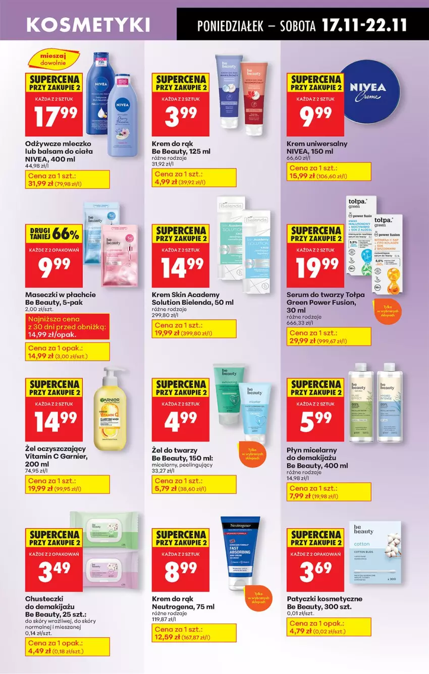 Gazetka promocyjna Biedronka - Od Poniedziałku - ważna 17.11 do 22.11.2025 - strona 71 - produkty: Balsam do ciała, Be Be, Bielenda, Chusteczki, Fusion, Garnier, Krem do rąk, Krem uniwersalny, Makijaż, Mleczko, Neutrogena, Nivea, Nuty, Patyczki kosmetyczne, Peeling, Płyn micelarny, Por, Rum, Ser, Serum, Serum do twarzy, Tołpa