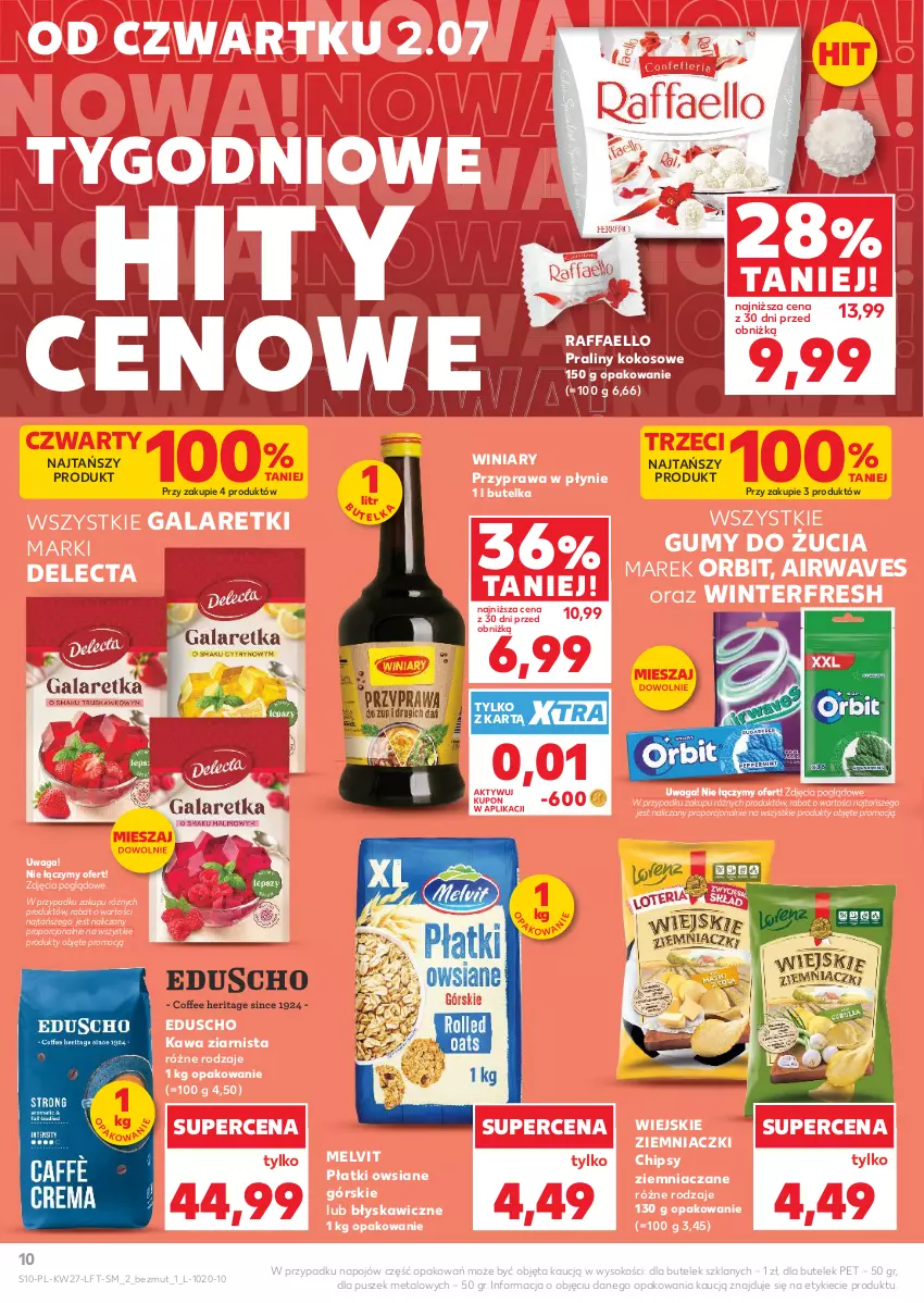 Gazetka promocyjna Kaufland - Gazetka tygodnia - ważna 02.07 do 08.07.2026 - strona 10 - produkty: Chipsy, Delecta, Fa, Gala, Galaretki, Kawa, Kawa ziarnista, Kokos, Melvit, Orbit, Płatki owsiane, Por, Praliny, Przyprawa w płynie, Raffaello, Sok, Waga, Winiary