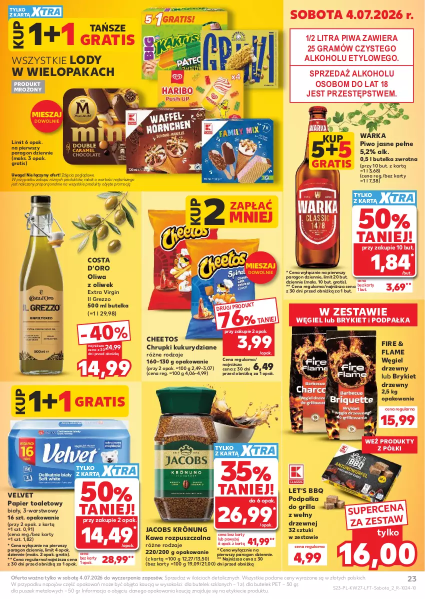 Gazetka promocyjna Kaufland - Gazetka tygodnia - ważna 02.07 do 08.07.2026 - strona 23 - produkty: Brykiet drzewny, Cheetos, Chrupki, Gin, Gra, Grill, Jacobs, Jacobs Krönung, Kawa, Kawa rozpuszczalna, Lody, Oliwa, Oliwa z oliwek, Papier, Papier toaletowy, Piwa, Piwo, Piwo jasne, Por, Sok, Velvet, Waga, Warka, Węgiel drzewny