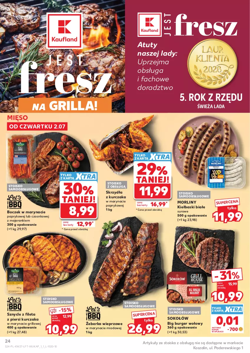 Gazetka promocyjna Kaufland - Gazetka tygodnia - ważna 02.07 do 08.07.2026 - strona 24 - produkty: Boczek, Burger, Fa, Grill, Kiełbaski białe, Kosz, Kurczak, Mięso, Morliny, Sok, Sokołów, Szal