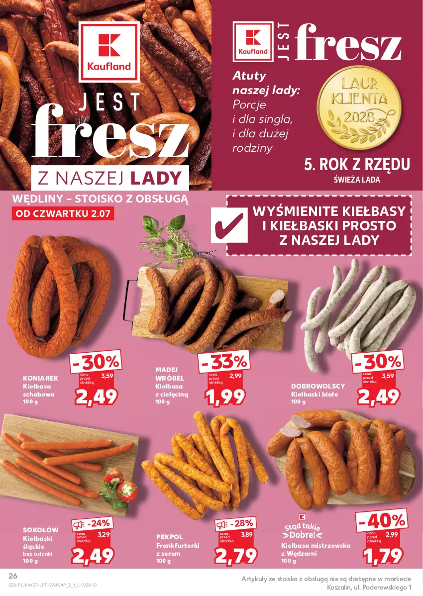 Gazetka promocyjna Kaufland - Gazetka tygodnia - ważna 02.07 do 08.07.2026 - strona 26 - produkty: Frankfurterki, Kiełbasa, Kiełbasa schabowa, Kiełbaski białe, Kiełbaski śląskie, Kosz, Madej Wróbel, Pekpol, Por, Ser, Sok, Sokołów, Szal
