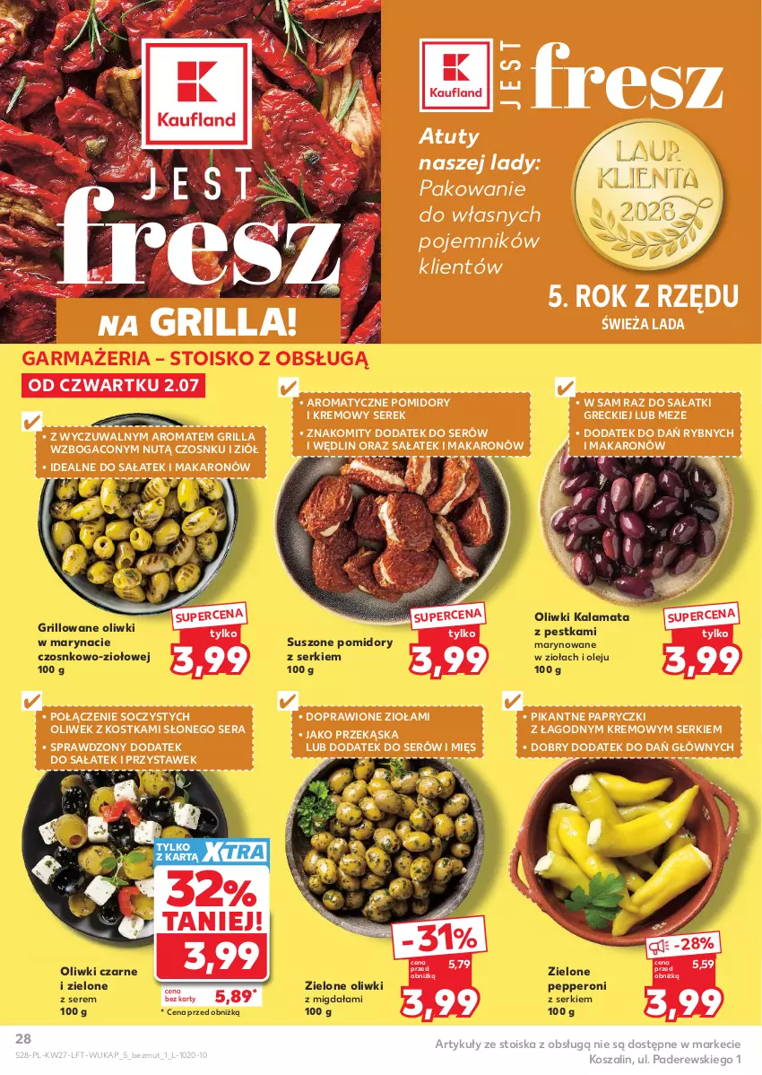 Gazetka promocyjna Kaufland - Gazetka tygodnia - ważna 02.07 do 08.07.2026 - strona 28 - produkty: Grill, Kosz, Makaron, Olej, Oliwki, Oliwki czarne, Pojemnik, Pomidory, Sałat, Ser, Serek, Suszone pomidory, Szal