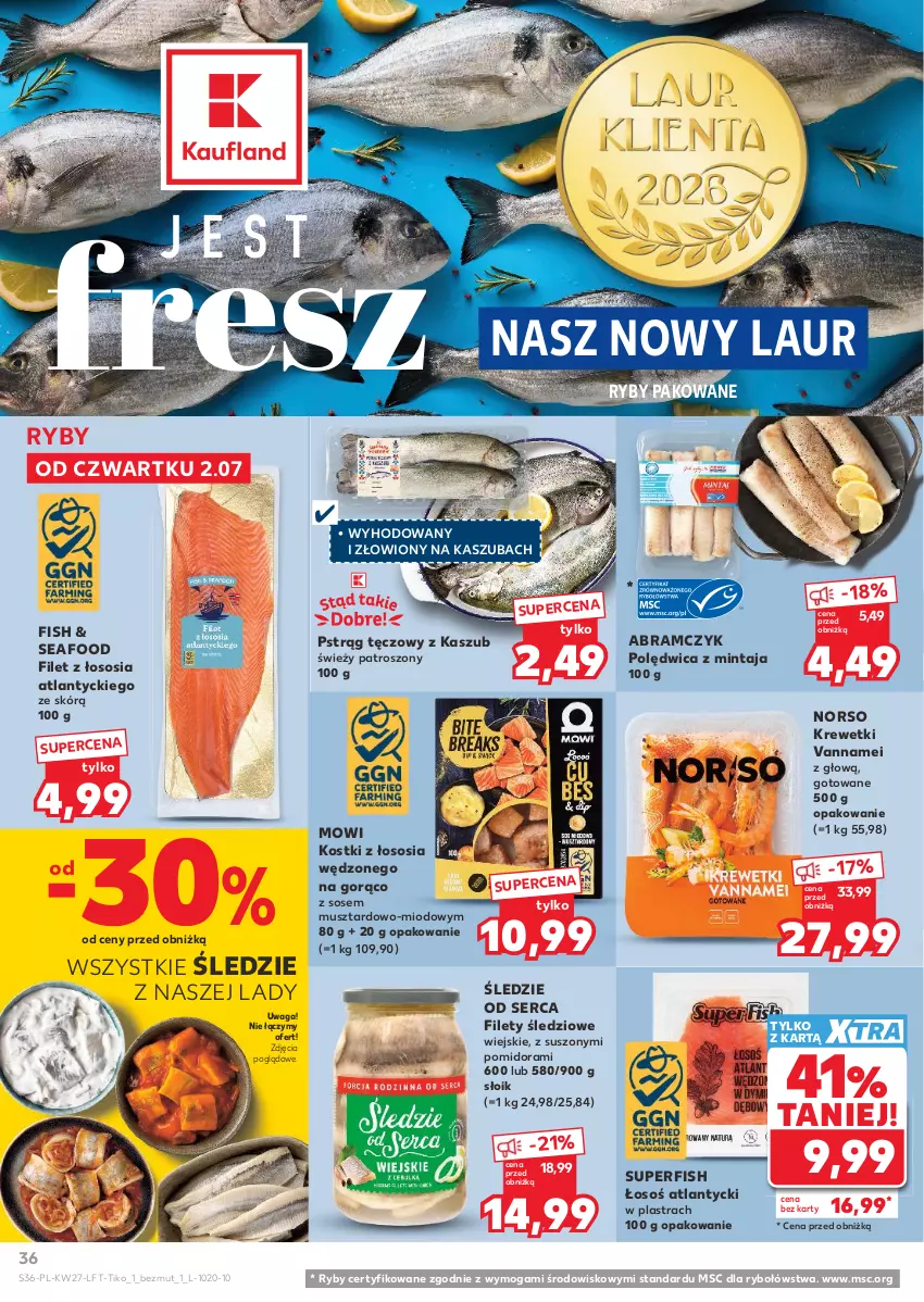 Gazetka promocyjna Kaufland - Gazetka tygodnia - ważna 02.07 do 08.07.2026 - strona 36 - produkty: Krewetki, Laur, Mintaj, Mus, Polędwica, Pstrąg, Pstrąg tęczowy, Ser, Sos, Waga