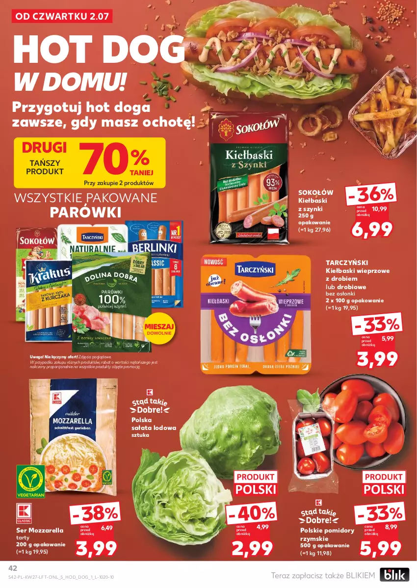 Gazetka promocyjna Kaufland - Gazetka tygodnia - ważna 02.07 do 08.07.2026 - strona 42 - produkty: Hot dog, Mozzarella, Parówki, Pomidory, Por, Sałat, Sałata lodowa, Ser, Sok, Sokołów, Tarczyński, Tera, Waga