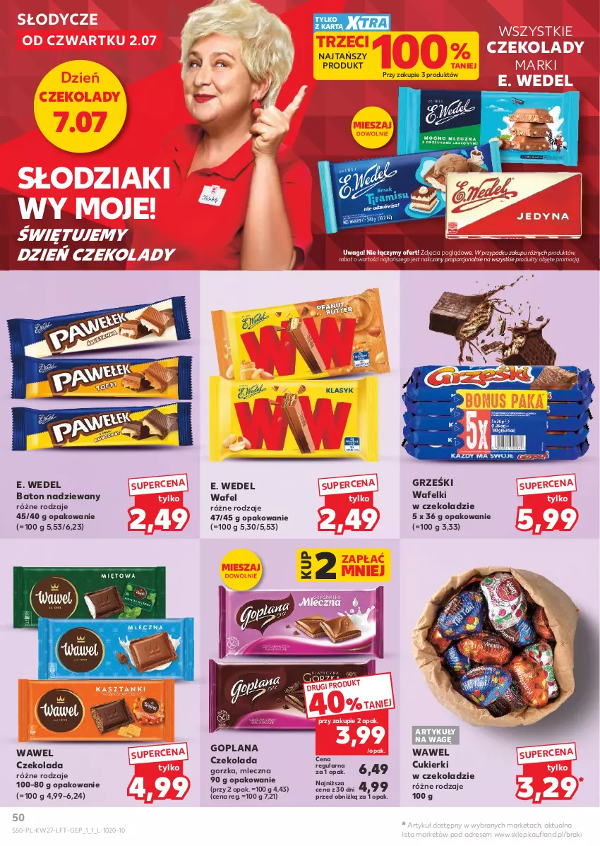 Gazetka promocyjna Kaufland - Gazetka tygodnia - ważna 02.07 do 08.07.2026 - strona 50 - produkty: Baton, Cukier, Cukierki, Czekolada, Czekolada gorzka, Dres, E. Wedel, Goplana, Grześki, LANA, Por, Waga, Wawel