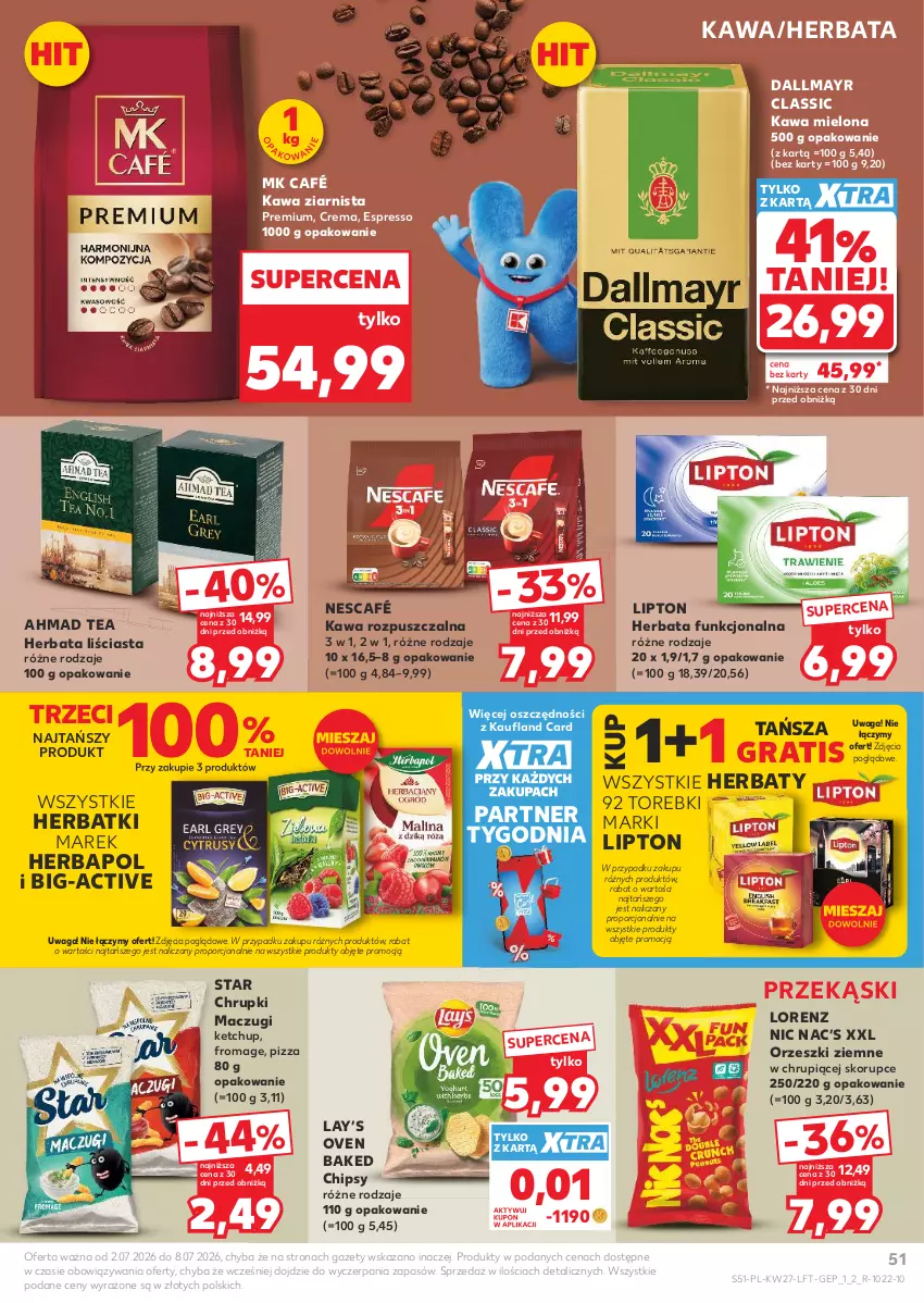 Gazetka promocyjna Kaufland - Gazetka tygodnia - ważna 02.07 do 08.07.2026 - strona 51 - produkty: Chipsy, Chrupki, Dallmayr, Gra, Herbapol, Herbata, Kawa, Kawa mielona, Kawa rozpuszczalna, Kawa ziarnista, Ketchup, Lay’s, Lipton, Lorenz, Nescafé, Orzeszki, Orzeszki ziemne, Pizza, Por, Waga