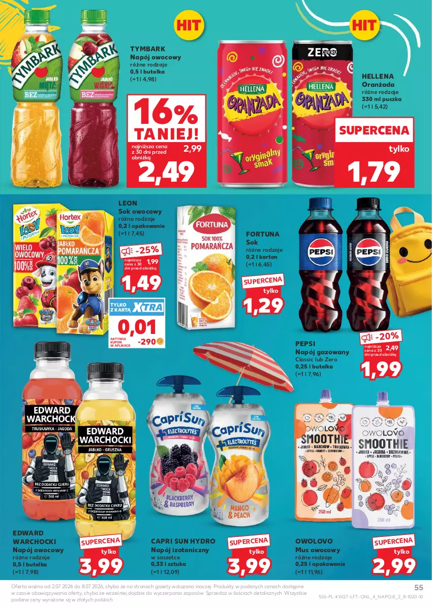 Gazetka promocyjna Kaufland - Gazetka tygodnia - ważna 02.07 do 08.07.2026 - strona 55 - produkty: Fortuna, Hellena, Leon, Mus, Napój, Napój gazowany, Napój izotoniczny, Napoje, Oranżada, Pepsi, Sok, Tymbark