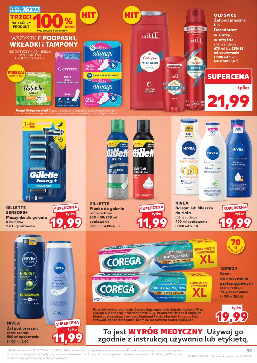 Gazetka promocyjna Kaufland - Gazetka tygodnia - ważna 02.07 do 08.07.2026 - strona 59 - produkty: Bell, Bella, Corega, Dezodorant, Gillette, Leon, Maszynka, Maszynka do golenia, Mleczko, Mleczko do ciała, Nivea, Old Spice, Pianka do golenia, Podpaski, Por, Szynka, Tampony, Waga, Wkładki