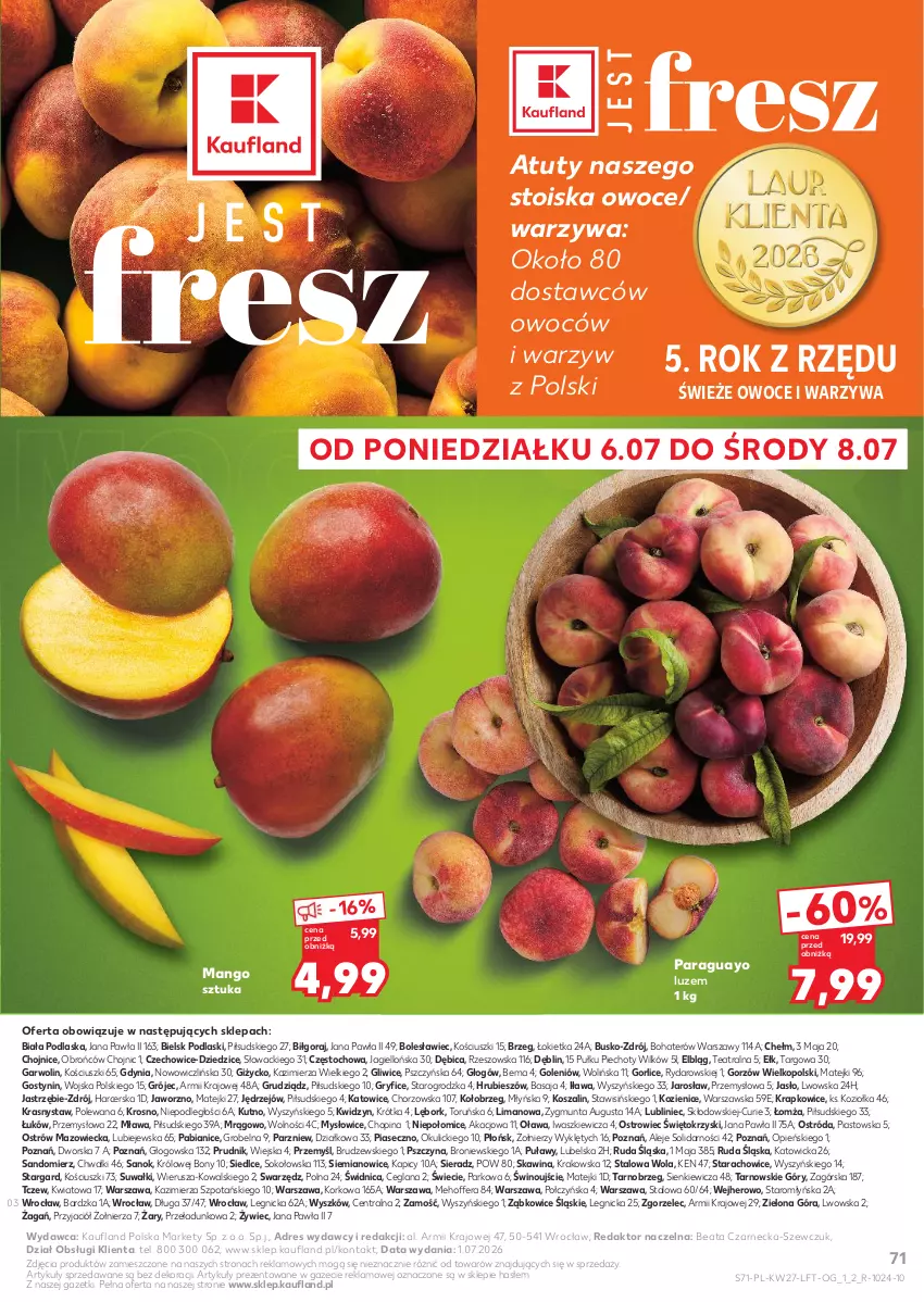 Gazetka promocyjna Kaufland - Gazetka tygodnia - ważna 02.07 do 08.07.2026 - strona 71 - produkty: BIC, Dres, Gry, Kosz, LANA, Mango, Owoce, Piast, Piec, Podlaski, Sok, Szal, Warzywa, Wino