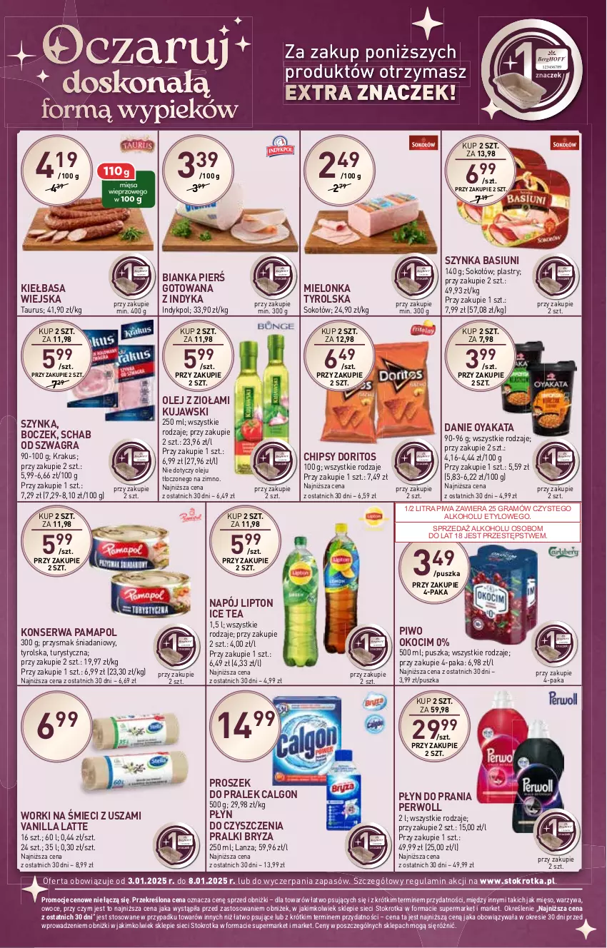 Gazetka promocyjna Stokrotka - Supermarket - ważna 03.01 do 08.01.2025 - strona 12 - produkty: Bianka, Boczek, Bryza, Calgon, Chipsy, Danio, Gra, Ice tea, Kiełbasa, Kiełbasa wiejska, Koc, Krakus, Kujawski, LG, Lipton, Mielonka tyrolska, Mięso, Napój, Okocim, Olej, Owoce, Perwoll, Piwa, Piwo, Płyn do prania, Pralki, Ser, Sok, Sokołów, Szynka, Warzywa, Worki na śmiec, Worki na śmieci