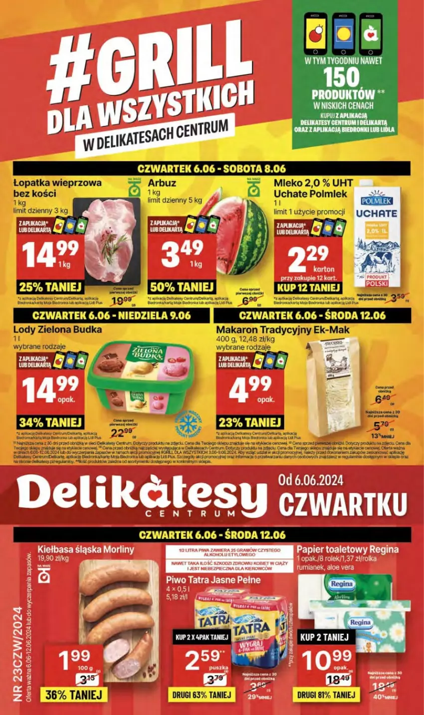 Gazetka promocyjna Delikatesy Centrum - NOWA GAZETKA Delikatesy Centrum od 6 czerwca! 6-12.06.2024 - ważna 06.06 do 12.06.2024 - strona 1 - produkty: Aloe vera, Arbuz, Dell, Fa, Gra, Kiełbasa, Kiełbasa śląska, LG, Lody, Makaron, Mleko, Morliny, Orka, Piec, Piwa, Piwo, Polmiek, Rama, Rum, Sok, Tatra, Tran, Zielona Budka