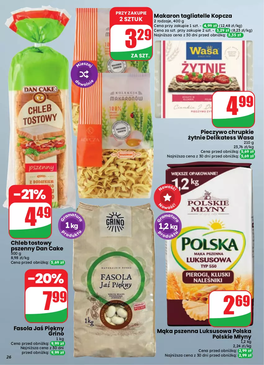 Gazetka promocyjna Dino - Gazetka 39 / 2026 - ważna 23.09 do 29.09.2026 - strona 26 - produkty: Chleb, Chleb tostowy, Chrupki, Dan Cake, Fa, Fasola, Mąka, Mąka pszenna, Makaron, Piec, Pieczywo, Pieczywo chrupkie, Polskie Młyny, Tagliatelle, Wasa