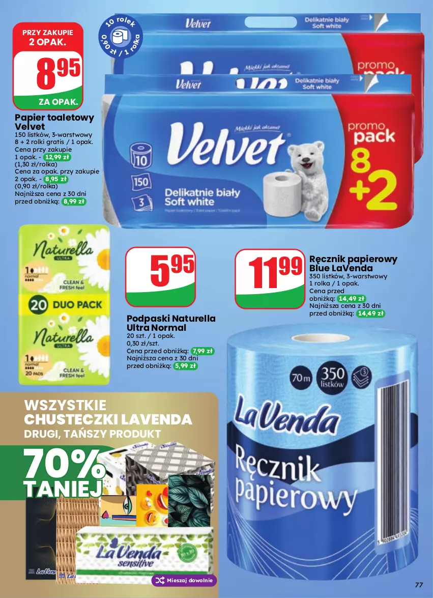 Gazetka promocyjna Dino - Gazetka 39 / 2026 - ważna 23.09 do 29.09.2026 - strona 77 - produkty: Chusteczki, Gra, Naturell, Naturella, Papier, Papier toaletowy, Podpaski, Ręcznik, Rolki, Velvet