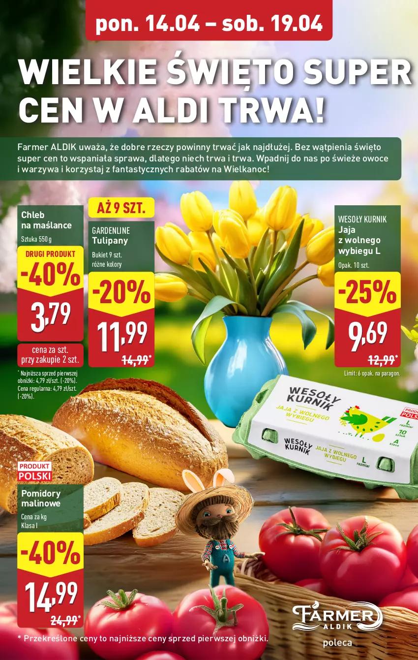 Gazetka promocyjna Aldi - Farmer ALDIK poleca świeże owoce i warzywa - ważna 14.04 do 19.04.2025 - strona 4 - produkty: Bukiet, Chleb, Fa, Fanta, Jaja, Jaja z wolnego wybiegu, O nas, Owoce, Pomidory, Tulipan, Warzywa