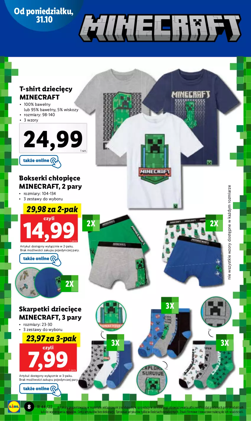 Gazetka promocyjna Lidl - GAZETKA - ważna 31.10 do 05.11.2022 - strona 8 - produkty: Bokserki, Dzieci, Karp, Minecraft, Ser, Skarpetki, T-shirt