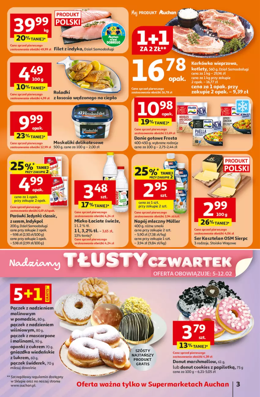 Gazetka promocyjna Auchan - 30 Lat Supermarket Auchan Franczyza - ważna 05.02 do 11.02.2026 - strona 3 - produkty: Danie gotowe, Donut, Frosta, Gra, Kasztelan, Mars, Mascarpone, Mleko, Napój, Napój mleczny, Pączek, Parówki, Ser, Ser Kasztelan, Sos