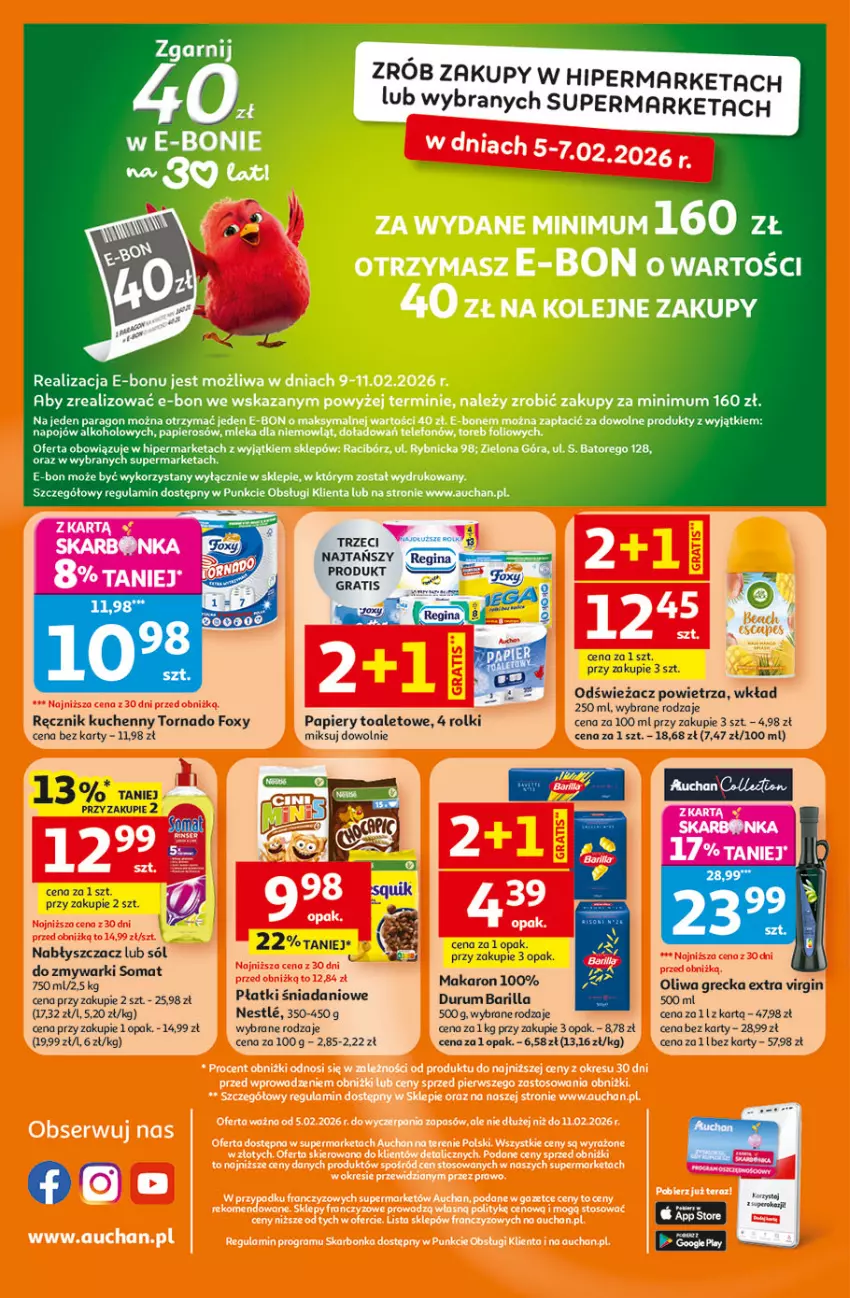Gazetka promocyjna Auchan - 30 Lat Supermarket Auchan Franczyza - ważna 05.02 do 11.02.2026 - strona 4 - produkty: Barilla, Danio, Foxy, Gin, Gra, Makaron, Odświeżacz powietrza, Oliwa, Papier, Pur, Ręcznik, Ręcznik kuchenny, Rolki, Rum, Somat, Zmywarki