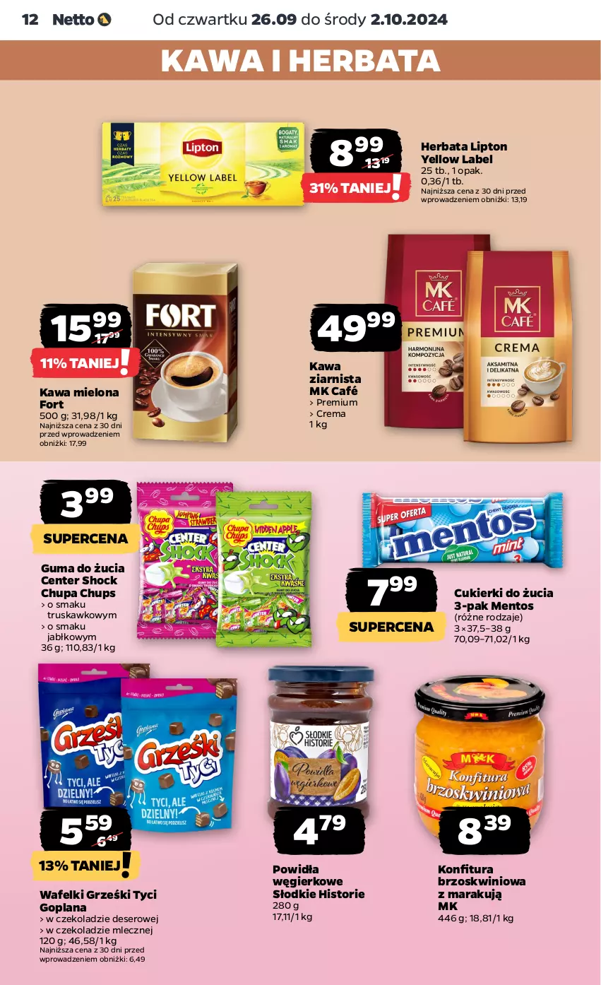 Gazetka promocyjna Netto - Netto Gazetka Food 39/24B - ważna 26.09 do 02.10.2024 - strona 12 - produkty: Chupa Chups, Cukier, Cukierki, Deser, Goplana, Grześki, Guma do żucia, Herbata, Kawa, Kawa mielona, Kawa ziarnista, LANA, Lipton, Mentos, Ser