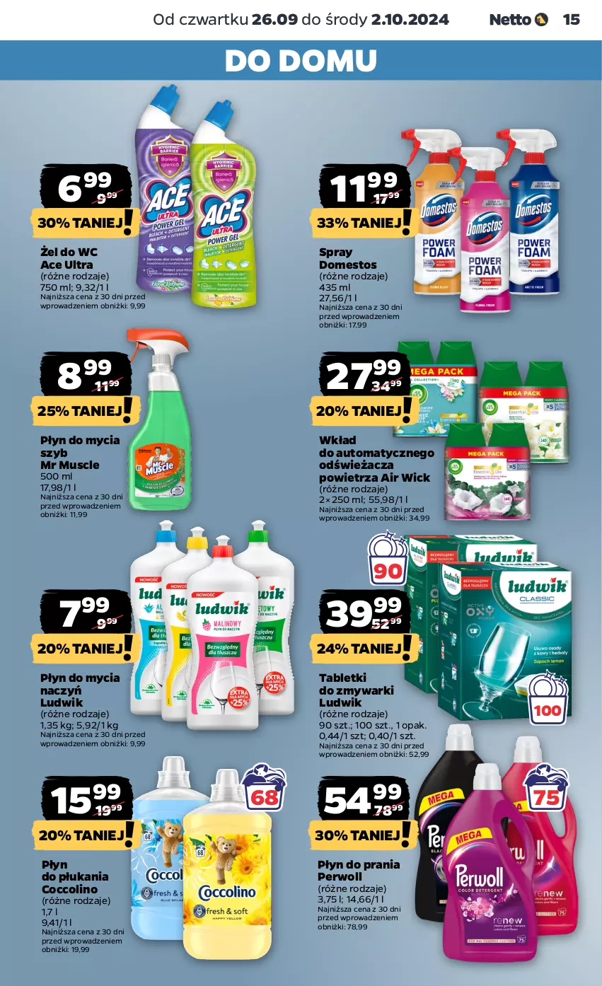 Gazetka promocyjna Netto - Netto Gazetka Food 39/24B - ważna 26.09 do 02.10.2024 - strona 15 - produkty: Air Wick, Coccolino, Do mycia naczyń, Domestos, Ludwik, Mus, Perwoll, Płyn do mycia, Płyn do mycia naczyń, Płyn do płukania, Płyn do prania, Tablet, Tabletki do zmywarki, Zmywarki