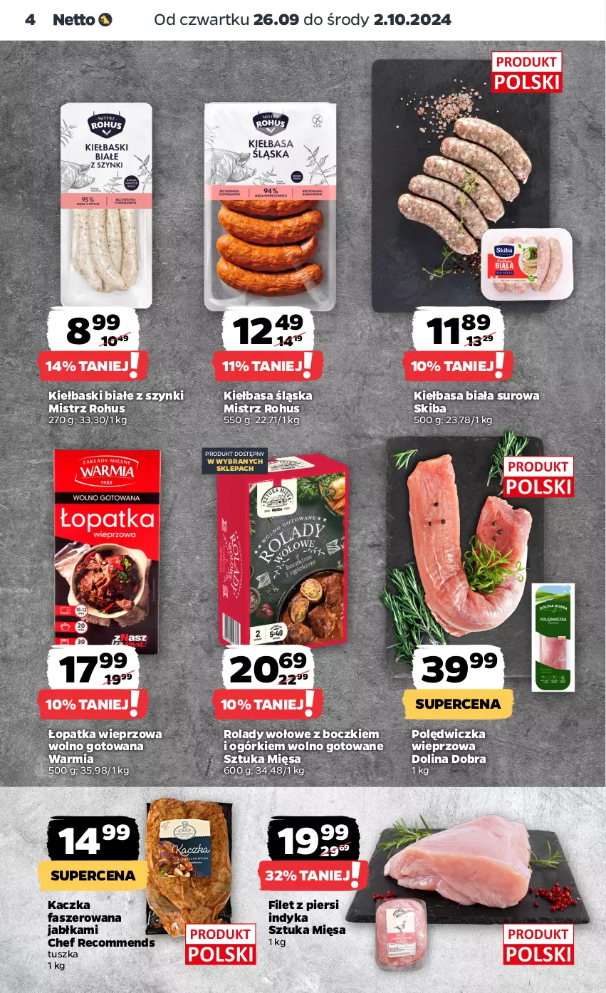 Gazetka promocyjna Netto - Netto Gazetka Food 39/24B - ważna 26.09 do 02.10.2024 - strona 4 - produkty: Fa, Filet z piersi indyka, Jabłka, Kaczka, Kaczka faszerowana, Kiełbasa, Kiełbasa biała, Kiełbasa śląska, Kiełbaski białe, Polędwiczka wieprzowa, Tusz