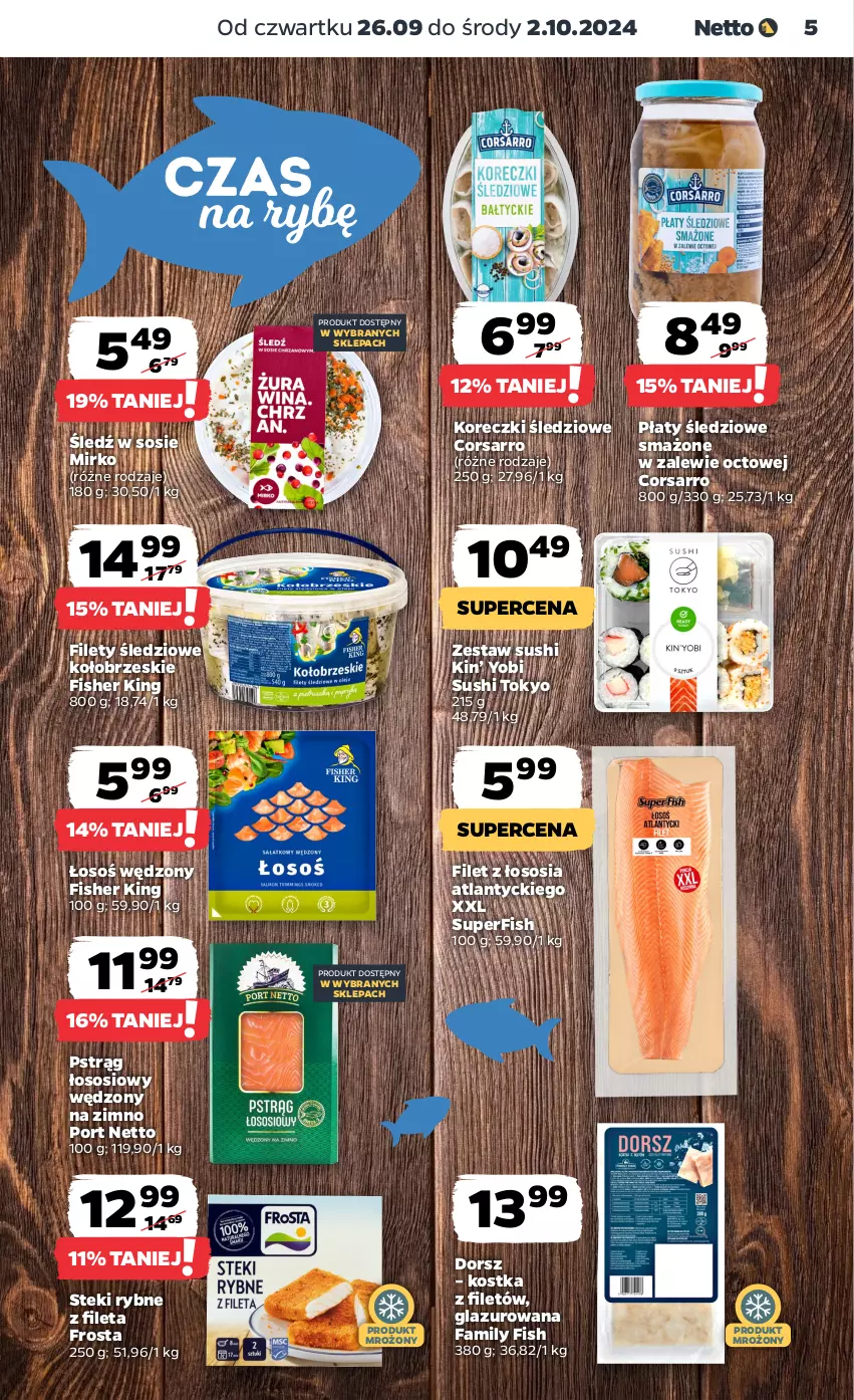 Gazetka promocyjna Netto - Netto Gazetka Food 39/24B - ważna 26.09 do 02.10.2024 - strona 5 - produkty: Dorsz, Fa, Frosta, Koreczki śledziowe, Lazur, Płaty śledziowe, Por, Pstrąg, Pstrąg łososiowy, Sos, Stek, Sushi