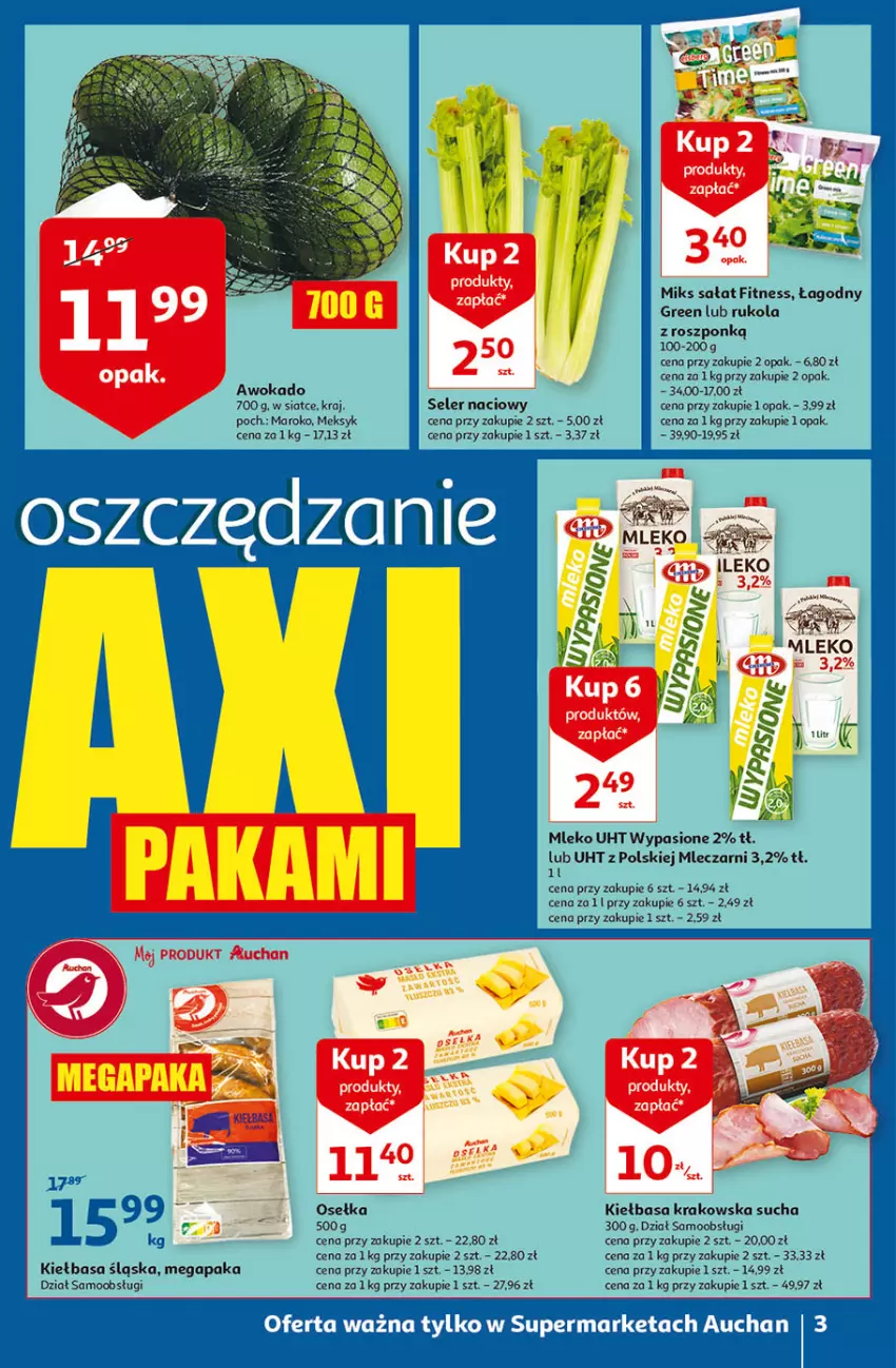 Gazetka promocyjna Auchan - Superoszczędzanie w wersji Maxi Paki Supermarkety - ważna 16.09 do 22.09.2021 - strona 3 - produkty: Kiełbasa, Kiełbasa krakowska, Kiełbasa śląska, Mleko, Rukola, Sałat, Seler naciowy
