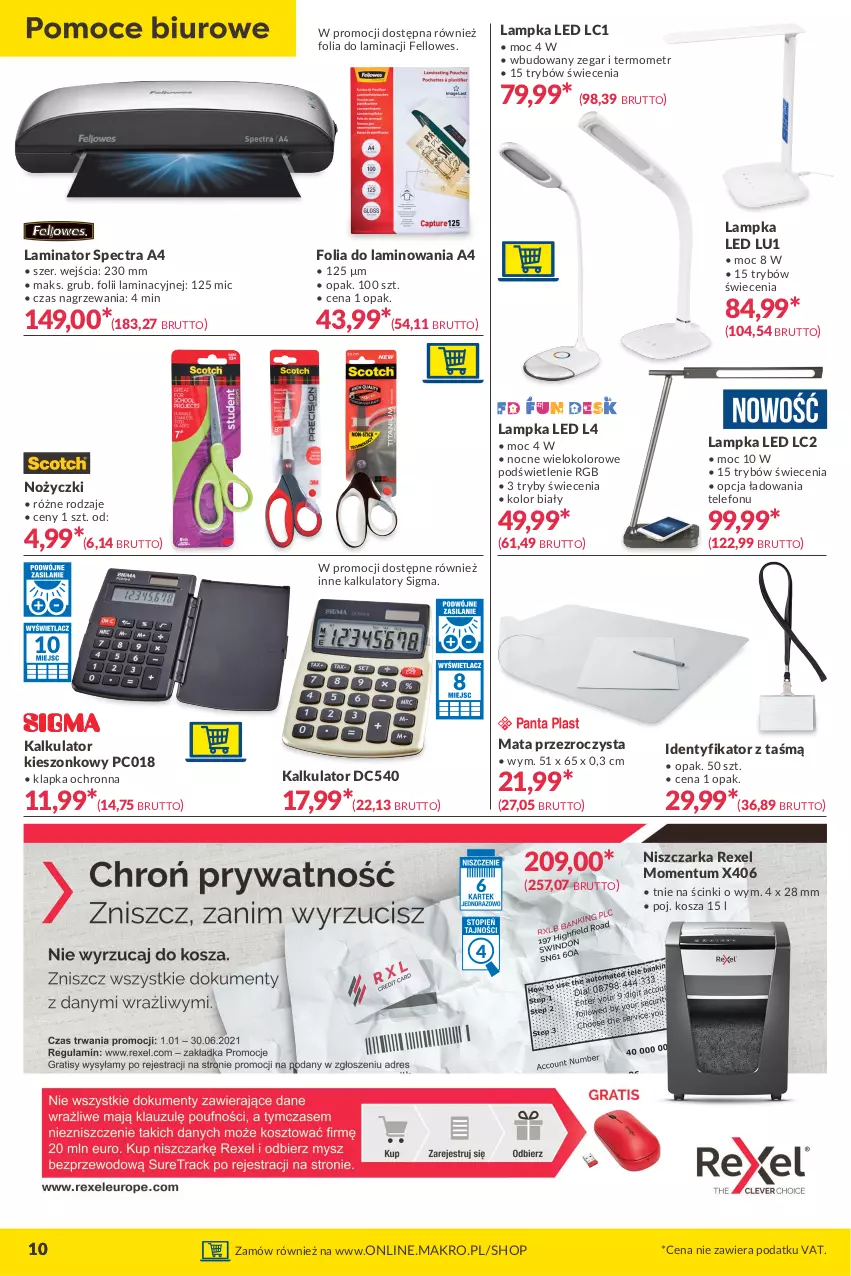 Gazetka promocyjna Makro - [Oferta promocyjna] Twoje Biuro - ważna 06.04 do 19.04.2021 - strona 10 - produkty: Kosz, Niszczarka, Noż, Nożyczki, Telefon, Termometr, Zegar