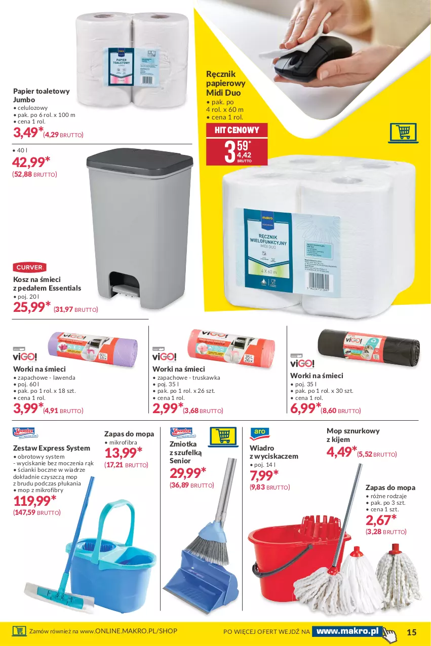 Gazetka promocyjna Makro - [Oferta promocyjna] Twoje Biuro - ważna 06.04 do 19.04.2021 - strona 15 - produkty: Kije, Kosz, Mop, Papier, Papier toaletowy, Ręcznik, Wiadro, Wiadro z wyciskaczem, Worki na śmiec, Worki na śmieci