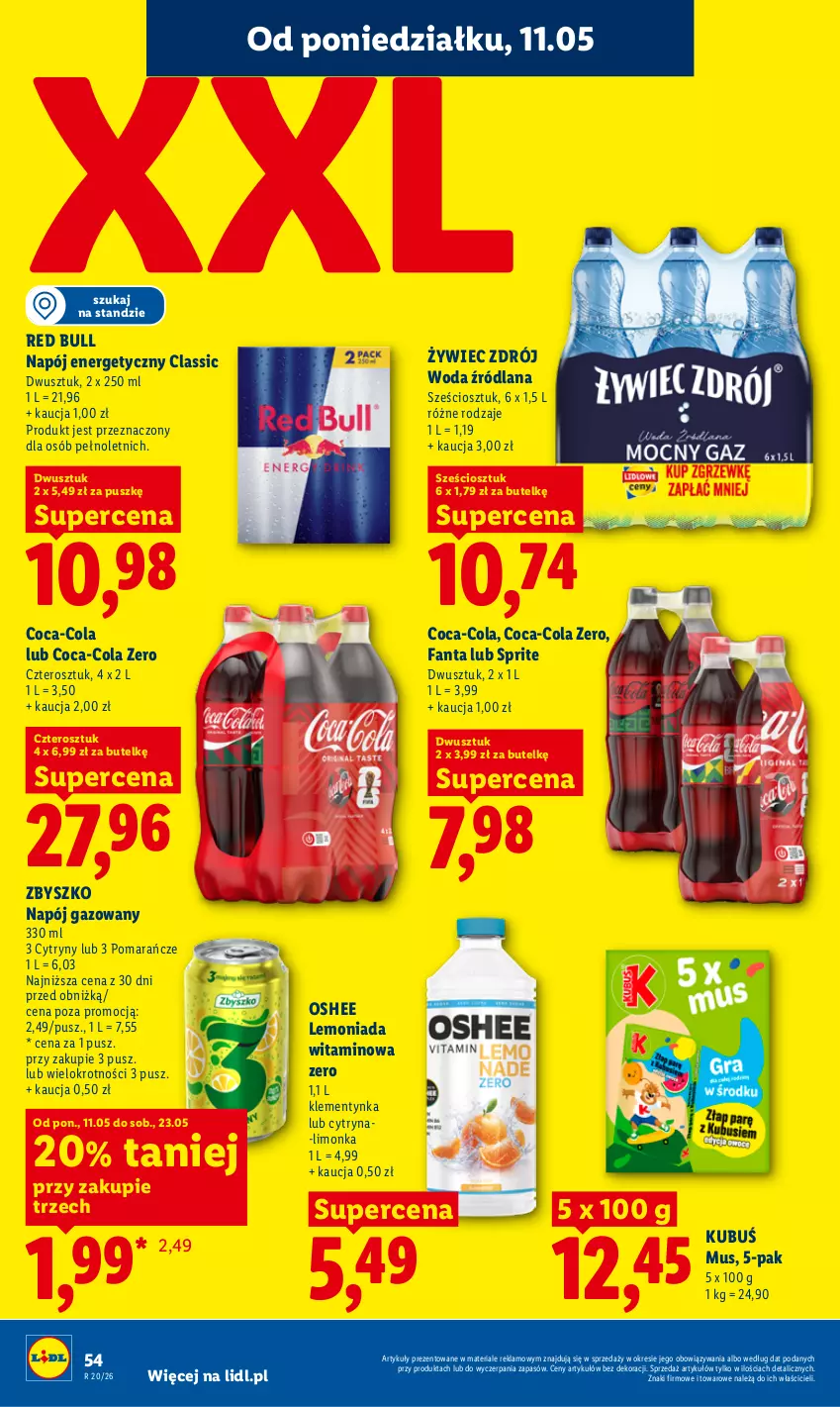 Gazetka promocyjna Lidl - Gazetka ważna od 11.05 do 13.05 - ważna 11.05 do 13.05.2026 - strona 54 - produkty: Coca-Cola, Cytryny, Fa, Fanta, Kubuś, LANA, Lemoniada, Limonka, Mus, Napój, Napój energetyczny, Napój gazowany, Oshee, Pomarańcze, Red Bull, Sprite, Woda