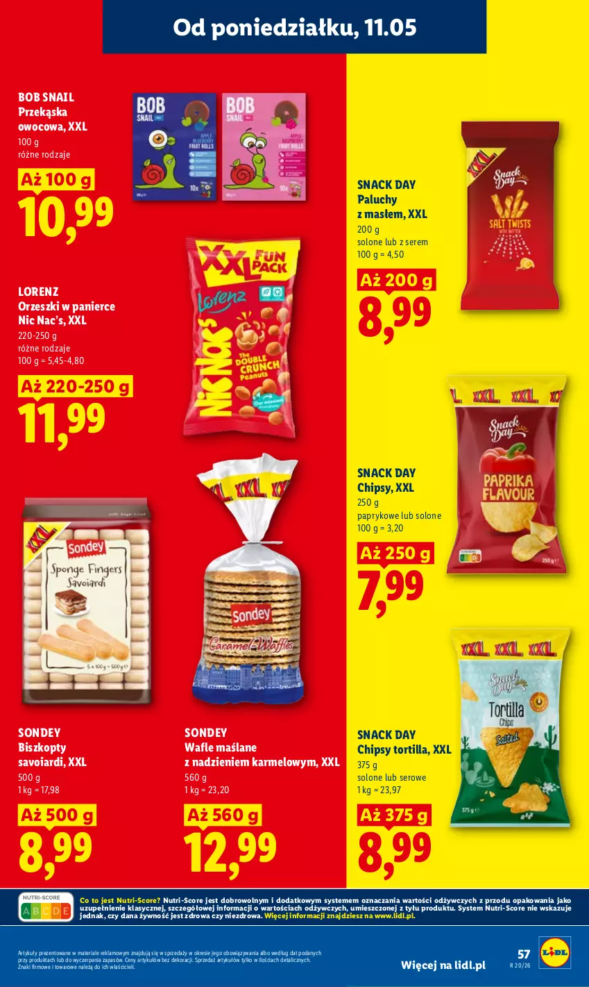 Gazetka promocyjna Lidl - Gazetka ważna od 11.05 do 13.05 - ważna 11.05 do 13.05.2026 - strona 57 - produkty: Biszkopty, Chipsy, Lorenz, Orzeszki, Ser, Tortilla, Wafle
