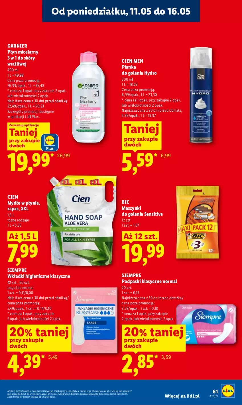 Gazetka promocyjna Lidl - Gazetka ważna od 11.05 do 13.05 - ważna 11.05 do 13.05.2026 - strona 61 - produkty: BIC, Garnier, Mydło, Mydło w płynie, Pianka do golenia, Płyn micelarny, Podpaski, Wkładki