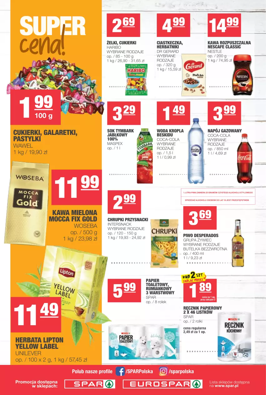 Gazetka promocyjna Spar - Eurospar - ważna 10.03 do 16.03.2021 - strona 4 - produkty: Chrupki, Coca-Cola, Cukier, Cukierki, Desperados, Dr Gerard, Gala, Galaretki, Haribo, Herbata, Herbatniki, Kawa, Kawa mielona, Kawa rozpuszczalna, Lipton, Mocca Fix Gold, Napój, Napój gazowany, Papier, Papier toaletowy, Pastylki, Piwo, Przysnacki, Ręcznik, Rolki, Rum, Sok, Tymbark, Wawel, Woda, Woseba