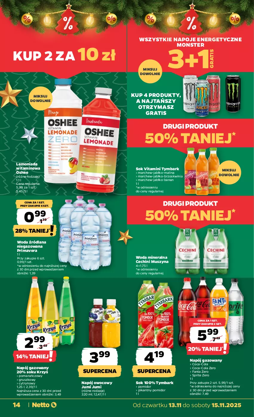 Gazetka promocyjna Netto - Od Czwartku - ważna 13.11 do 15.11.2025 - strona 14 - produkty: Coca-Cola, Fa, Fanta, Gra, LANA, Lemoniada, Mus, Napój, Napój gazowany, Napoje, Oshee, Prima, Primavera, Sok, Sprite, Szyna, Tymbark, Woda, Woda mineralna