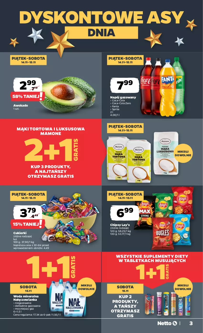 Gazetka promocyjna Netto - Od Czwartku - ważna 13.11 do 15.11.2025 - strona 3 - produkty: Chipsy, Coca-Cola, Cukier, Cukierki, Fa, Fanta, Gra, Lay’s, Mus, Nałęczowianka, Napój, Napój gazowany, Sprite, Tablet, Woda, Woda mineralna