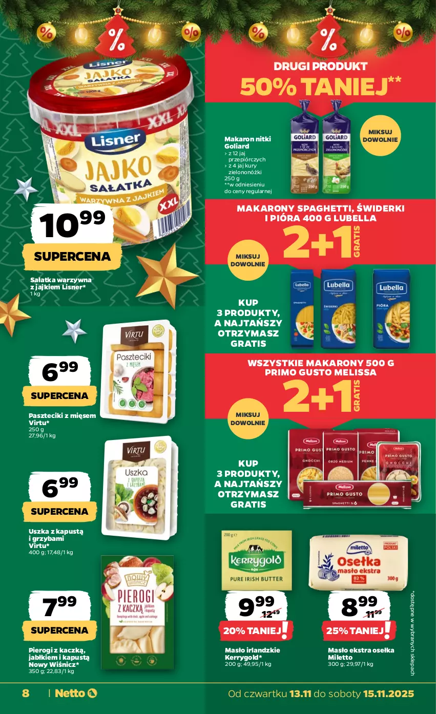 Gazetka promocyjna Netto - Od Czwartku - ważna 13.11 do 15.11.2025 - strona 8 - produkty: Bell, Bella, Goliard, Gra, Kapustą, Lisner, Lubella, Makaron, Masło, Pierogi, Sałat, Sałatka, Sałatka warzywna, Spaghetti, Virtu