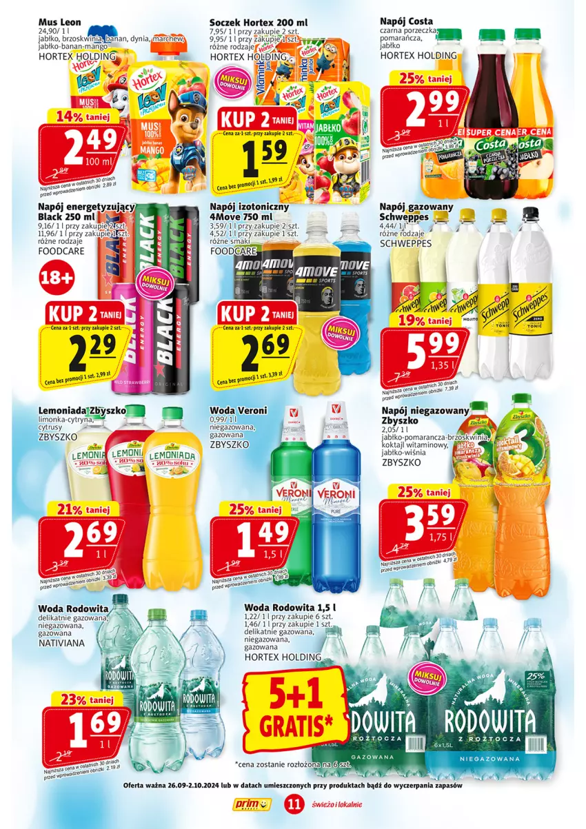 Gazetka promocyjna Prim Market - ważna 26.09 do 02.10.2024 - strona 11 - produkty: Brzoskwinie, Hortex, Lack, Lemoniada, Leon, Limonka, Mango, Mus, Napój, Napój gazowany, Por, Schweppes, Sok, Woda