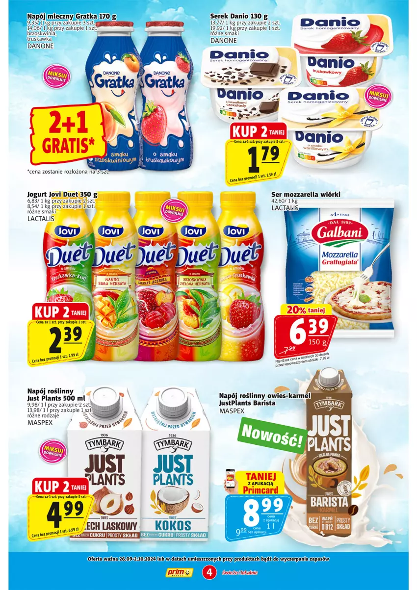 Gazetka promocyjna Prim Market - ważna 26.09 do 02.10.2024 - strona 4 - produkty: Danio, Danone, Gra, Jogurt, Kawa, Mozzarella, Napój, Napój roślinny, Ser, Serek, STP